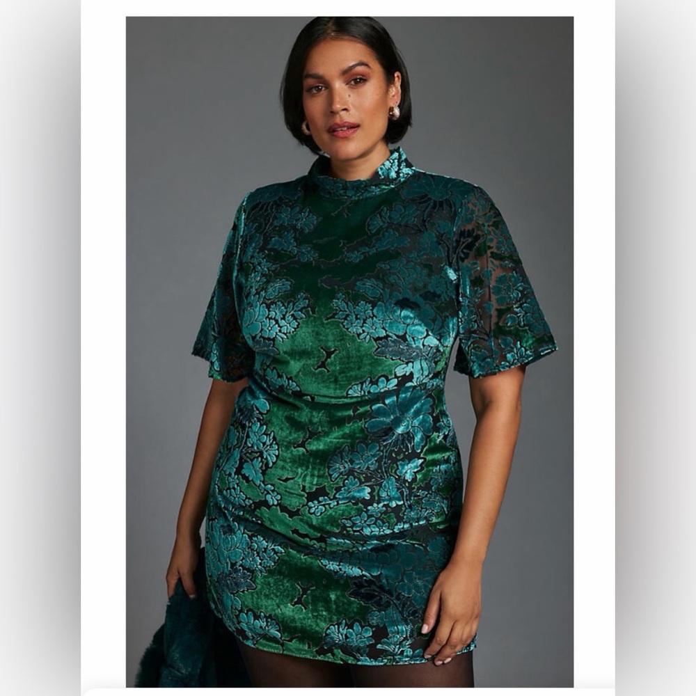 Anthropologie mock‎ neck Green Velvet Dress size 16w